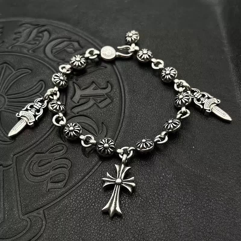 Chrome Hearts Silver Cross and Floral Bead Bracelet